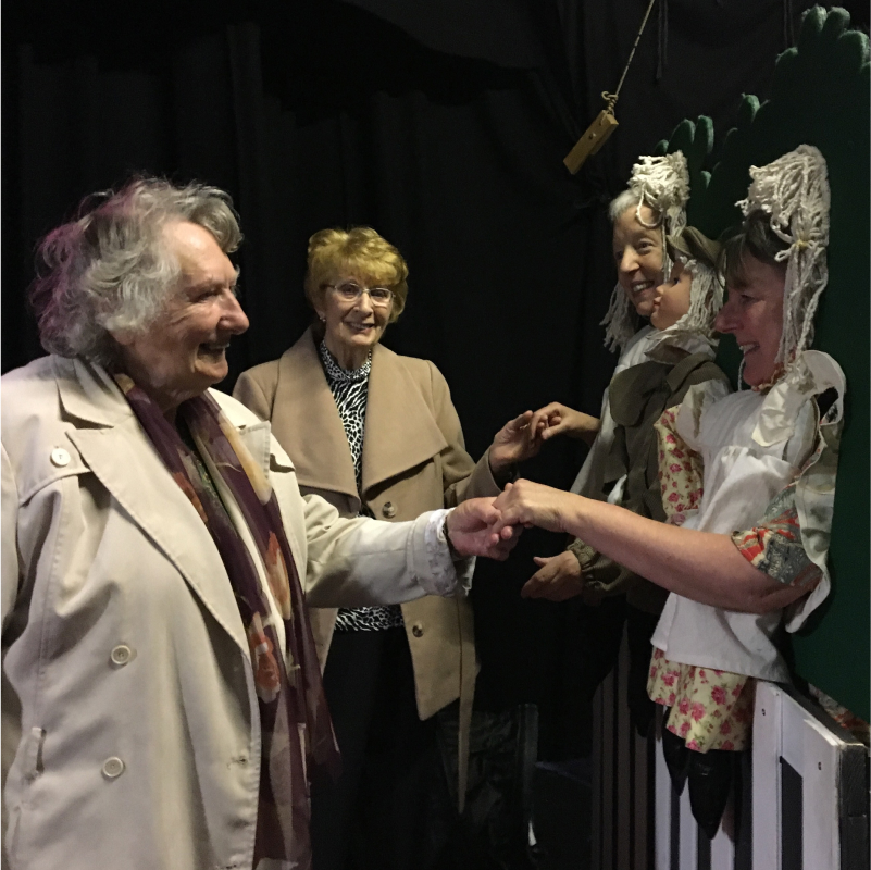 Audio description attenders meeting Lip Service actors Sue Ryding and Maggie Fox, at Oldham Coliseum Theatre