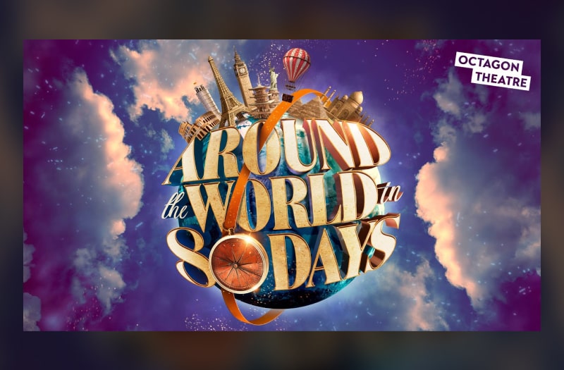 The illustration for Around the World has the show title in gold 3D letters wrapped around the Earth, against a cloudy skyscape. A belt with a gold pocket watch circles the globe. Perched on top are famous landmarks: the Eiffel Tower, Big Ben, the Colosseum, the Taj Mahal, etc. A balloon with a basket flies overhead.