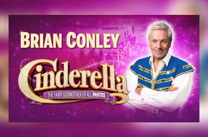 Brian Conley as Buttons stands arms folded, with a wry smile on his face, against a purple backdrop showing a towering castle. The strapline reads The Fairy Godmother of all Pantos.