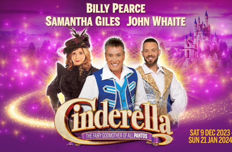 The banner image shows the three principal actors in costume with a purple and gold background, the fairytale castle away to the right. The strapline reads The Fairy Godmother of All Pantos.