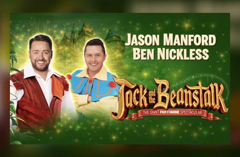 The banner image for Jack and the Beanstalk has Jason and Ben in costume against a green glittery landscape with a towering castle. A scroll reads The Giant Pantomime Spectacular.