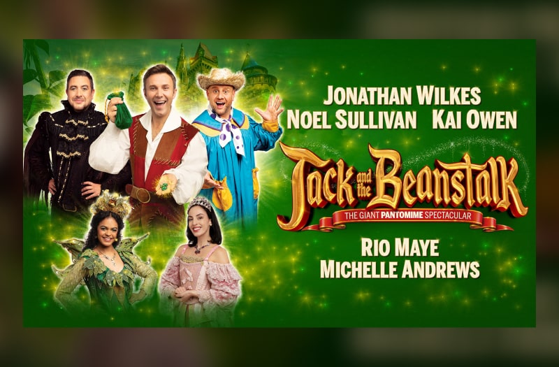 The image shows the principal characters in costume against a green background with the beanstalk and a castle in the distance. Jonathan smiles as he holds up a green velvet moneybag.