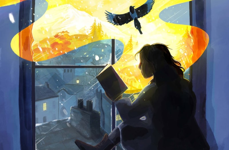 The illustration for Little Princess depicts a girl in profile, sitting reading in the recess of her bedroom window. Outside are dark and snowy rooftops. The room is in shadowy blue except for a burst of gold light which glows from her opened book, showing a magical landscape of fir trees with a magpie flying over the girl’s head.