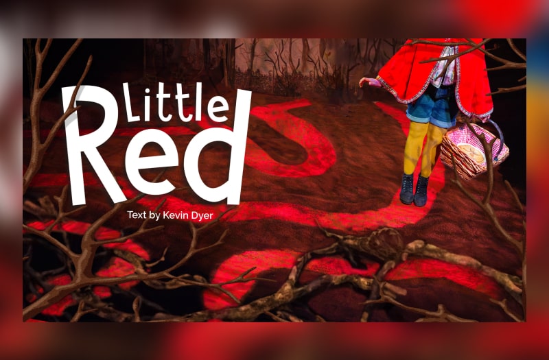 The banner image for Little Red is an illustration of a young person, from shoulder height down, wearing a red cape and carrying a wicker basket containing a pie. Tentatively they make their way through a spooky dark forest, on a narrow path illuminated in red.