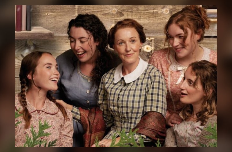 The image for Little Women shows the March sisters and their mother in nineteenth century homespun dresses against an interior wall of wooden planks.