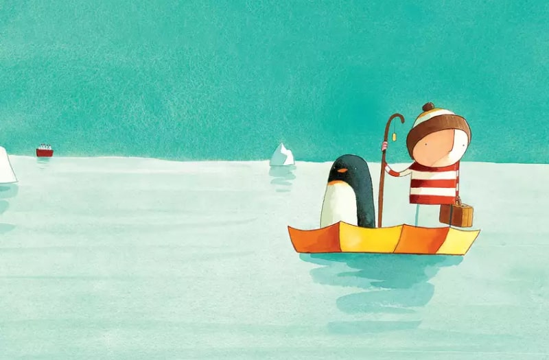 The illustration in soft pastel colours shows the boy and penguin afloat on an icy sea in an upturned umbrella.