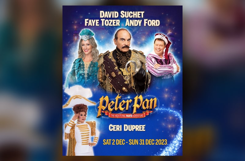 The image shows the principal cast in elaborate costumes, against a sparkly blue background. The strapline reads The High Flying Panto Adventure.