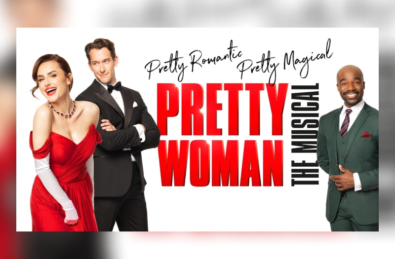 The image for Pretty Woman The Musical has the title in block capitals in the centre. On the left, the lead actress, wearing a low-cut red silk dress, leans forward. She has red lips and a wisp of brown hair escapes her coiffure. Just behind her, the lead actor stands arms folded, wearing a dinner suit and bow tie, looking admiringly towards her.  On the right stands a third actor, looking attentively towards us. He wears a neat, grey three-piece suit and a wide smile.