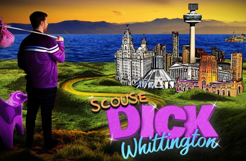 The image for Scouse Dick Whittington is an illustration of a young man pausing on his journey to survey a landscape with a distant vista of Liverpool: the Liver Building, the cathedrals, the Radio City tower, the Mersey ferry. He wears a purple track suit top and carries a knapsack on a stick over his shoulder. A purple Superlambanana stands faithfully by his side.