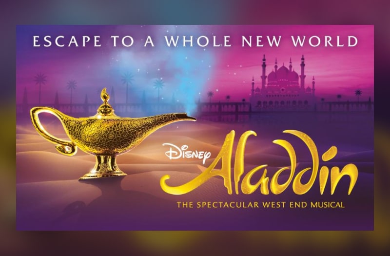 The image for Aladdin is a blue and purple toned illustration with the towering minarets of a palace and palm trees in the background. Close up, to the left is a glistening gold oil lamp and to the right the show title in iconic curvy script. Above is the banner title Escape To A Whole New World.