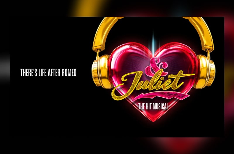 The graphic image for & Juliet shows a pair of golden headphones wrapped around a red, glassy heart. On the left is the strapline There’s Life After Romeo.