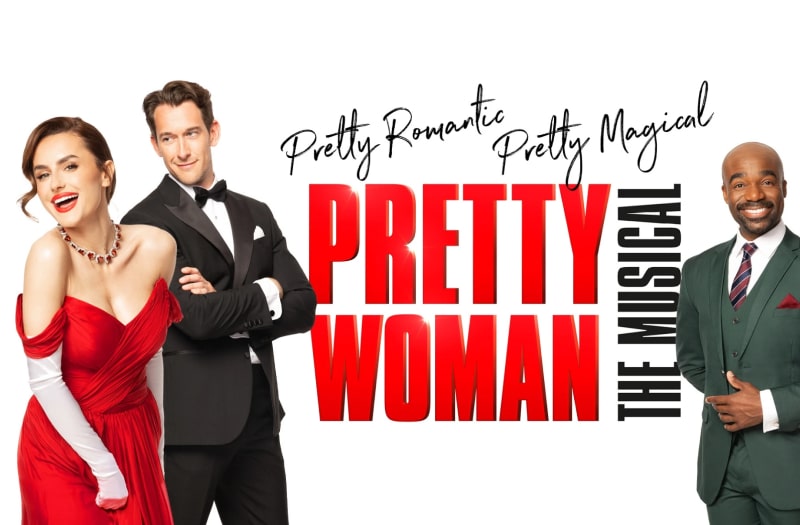 The image for Pretty Woman has the title in block capitals in the centre. On the left, the lead actress, wearing a low-cut red silk dress, leans forward. She has red lips and a wisp of brown hair escapes her coiffure. Just behind her, the lead actor stands arms folded, wearing a dinner suit and bow tie, looking admiringly towards her.  On the right stands a third actor, looking attentively towards us. He wears a neat, grey three-piece suit and a wide smile.