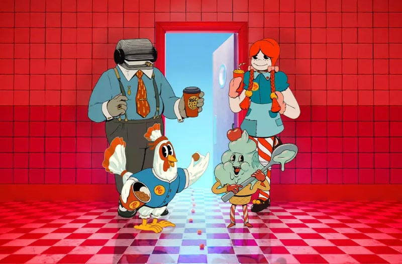 The illustration shows cartoon character Chicky Ricky, a chicken character and his colleagues in the red-tiled fast food outlet. Ricky wears a blue shirt and holds a bucket of nuggets under one wing. A boss male figure in trousers and shirt has a rolodex for a head and smokes a cigar. A young waitress with pigtails and a cheeky little ice-cream character complete the team.