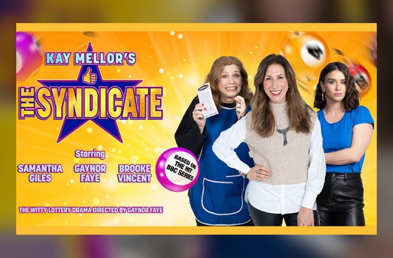 The image for The Syndicate has a photo of its three stars. Samantha looks nervous as she clutches her lottery ticket. Gaynor smiles confidently. Brooke stands sullen or sceptical, arms folded. The background is a blurry composition of gold and moving lottery balls.