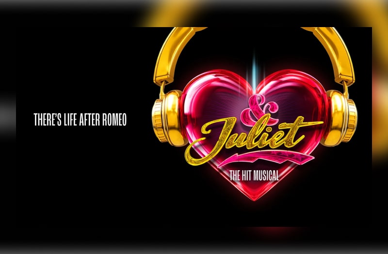 The graphic image for & Juliet shows a pair of golden headphones wrapped around a red, glassy heart. On the left is the strapline There’s Life After Romeo.