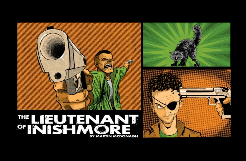 The rectangular image is composed of three cartoon panels. On the left, a man with an angry expression has a gun in each hand, the gun in the right hand pointed close up to us, the left hand pointed in the opposite direction. On the right the top cartoon shows an angry black and grey cat, its back arched, claws out ready to pounce. Below another cartoon image shows a young man with brown curly hair and an eye-patch over his left eye. With his right eye he looks across at a gun which is held at his head.