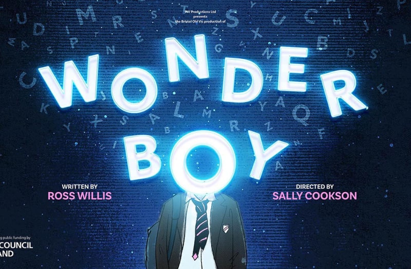 The image is an illustration  with white jumbled alphabet letters glowing against a dark blue background, the show title Wonder Boy superimposed over the front. Below is a figure in school uniform, grey blazer and unbuttoned shirt with loosely knotted tie. The brightly glowing O of the word boy forms his head.